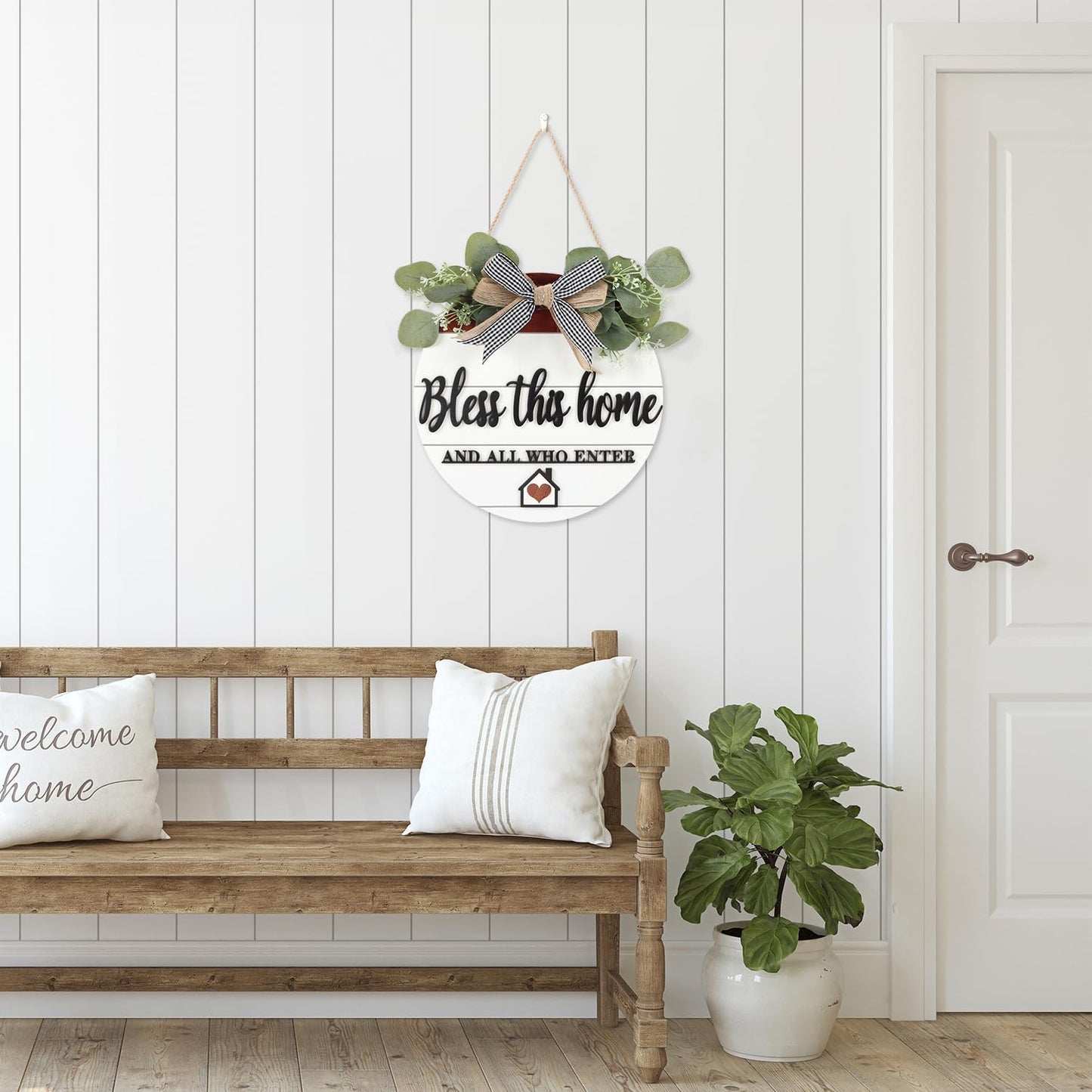 TOARTi 3D Bless This Home Wooden Door Sign Hanging, Welcome Porch Wall Sign with Bow-Knot Wreath, Bless This Home and Who Enter Sign Housewarming Gift for Kitchen/Entryway/Porch/Front Door