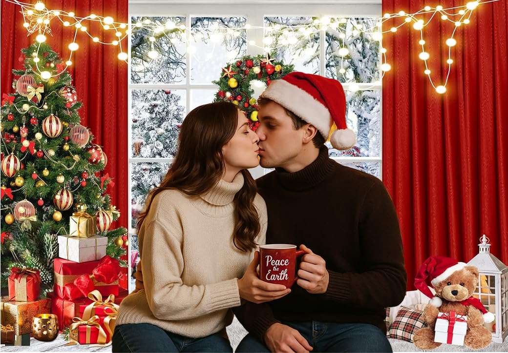 Christmas Window Backdrop 10x8ft Red Curtain Photography Backdrop Winter Xmas Party Banner Decorations Background Xmas Holiday Party Photo Booth D649