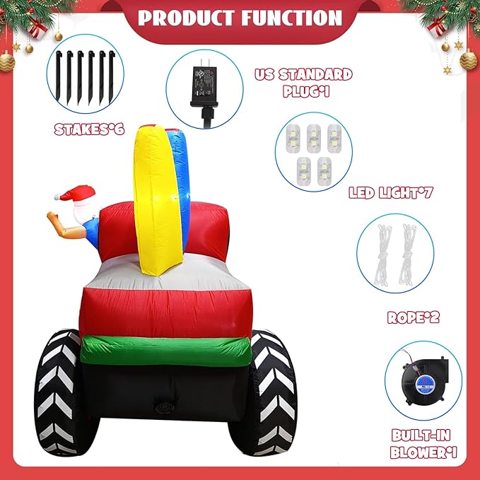 7FT Long Christmas Inflatables Monster Truck Outdoor Decorations, Xmas Blow up Santa Driving Monster Truck, Inflatable Outside Decor for Yard Garden Lawn Party Indoor Home