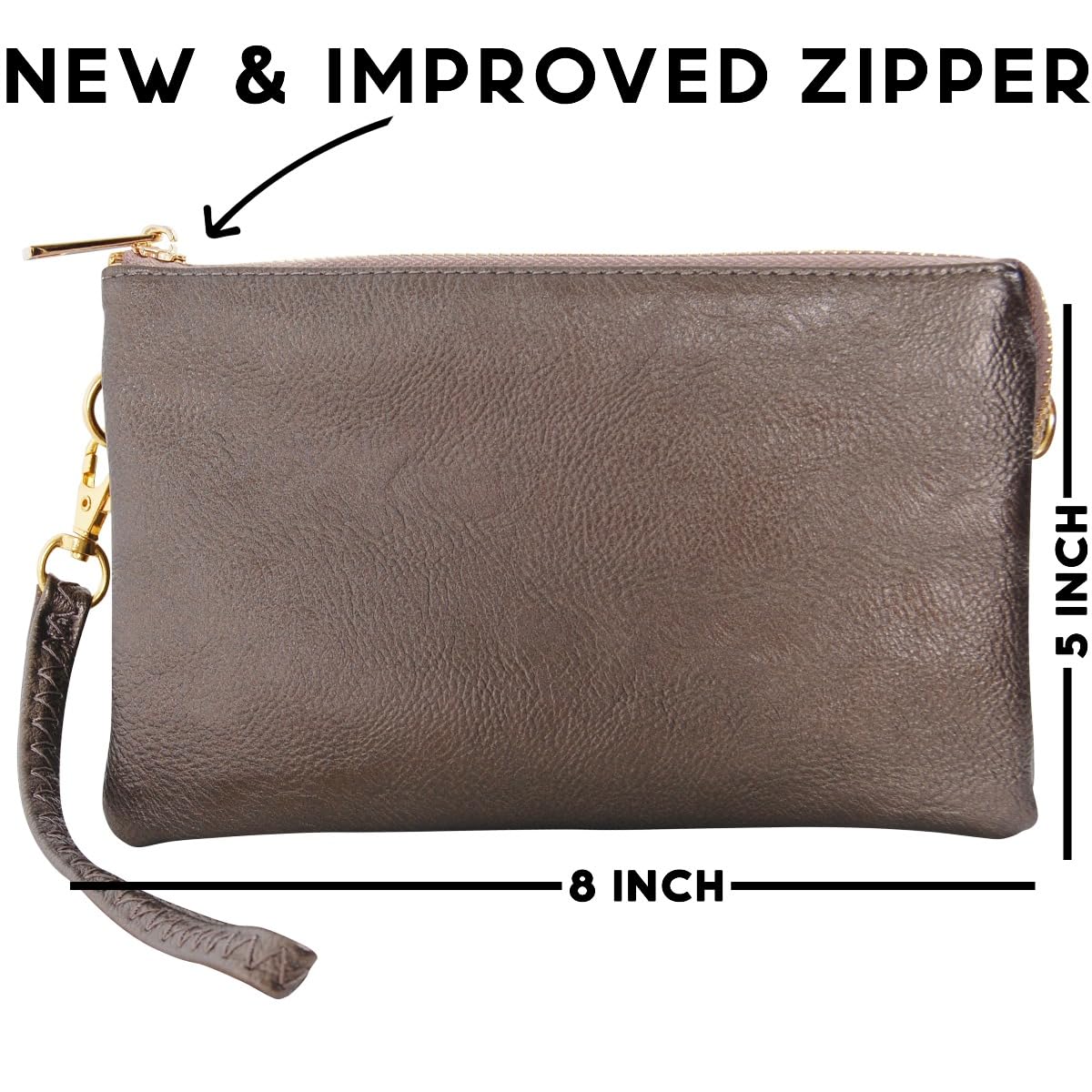 Clutch Purse Wristlets for Women - Dark Silver Vegan Leather Clutch Purses for Women, Metallic Gunmetal Crossbody Small Wristlet Wallets, Bronze Crossbody Handbag, Vegan Leather Bag with Wrist Strap