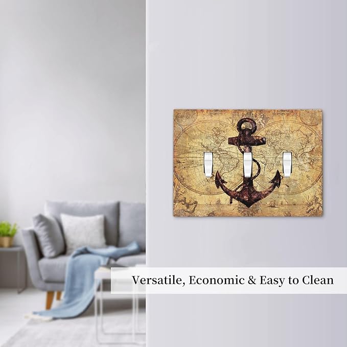 Anchor Nautical Vintage Map 3 Gang Light Switch Covers Triple Toggle Wall Plate Decorative Switchplate Electrical Faceplate for Office Livingroom Home Decor