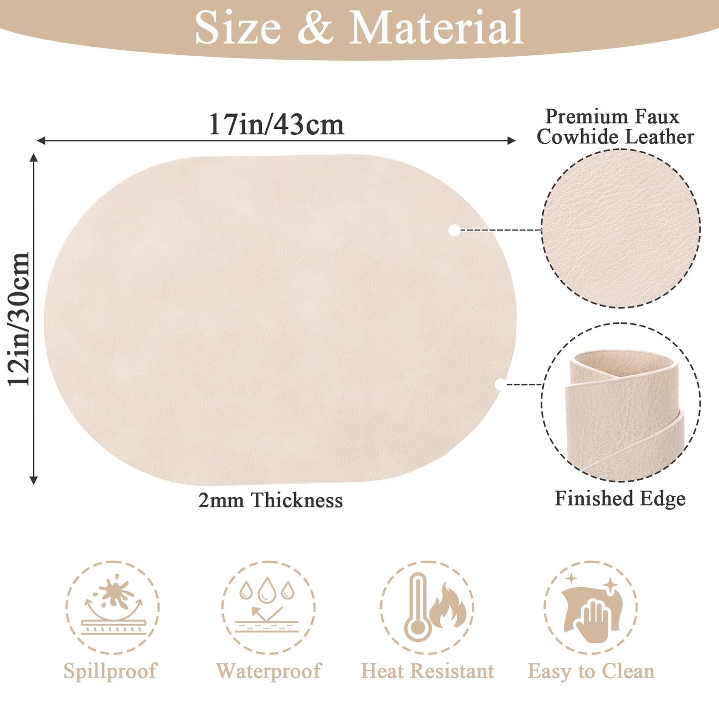 SHACOS Faux Leather Oval Placemats Set of 6 Waterproof Heat Resistant Washable Wipeable Place Mats Solid Table Mats for Kitchen Dining Room Decor, White Oak Beige