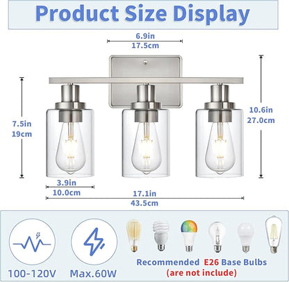 Bathroom Vanity Light,3-Light Brushed Nickel Vanity Light, Modern Matte Black Wall Sconce Lighting with Clear Glass Shade,Wall Mounted Lamps for Mirror Bedroom,Living Room