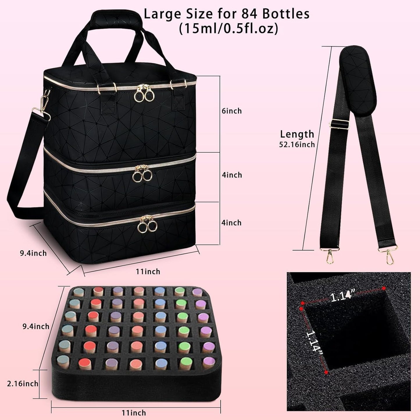 Yttriuny Nail Polish Organizer Holds 84 Bottles (15ml/0.5fl.Oz) + UV Lamp & Manicure Tools, 3-Layer Detachable PU Leather Nail Kit Storage Bag,Large Travel Shoulder Bag for Nail Supplies – Black