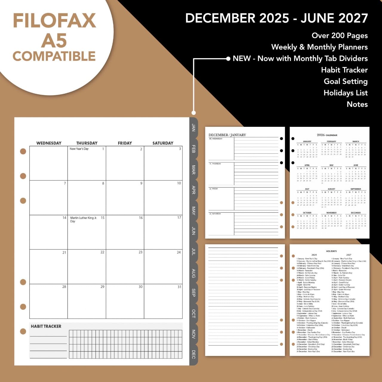 Wanderings A5 Leather Binder Planner - Refillable 6 Ring Journal with Inner Pockets - Hand-Crafted Genuine Leather Organizer- Filofax Compatible. 2026/27 Monthly Weekly Calendar with Notes - 6" x 8.5"