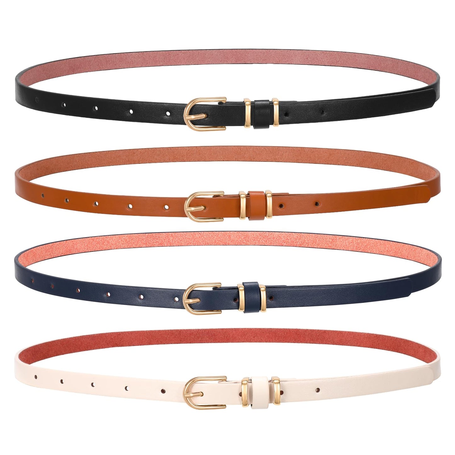 SANSTHS 4 Pack Women Thin Belts for Jeans Dresses Coats Skinny Women Belt with Gold Alloy Buckle, Black+Brown+Blue+Beige M