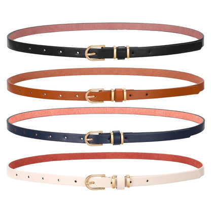 SANSTHS 4 Pack Women Thin Belts for Jeans Dresses Coats Skinny Women Belt with Gold Alloy Buckle, Black+Brown+Blue+Beige M