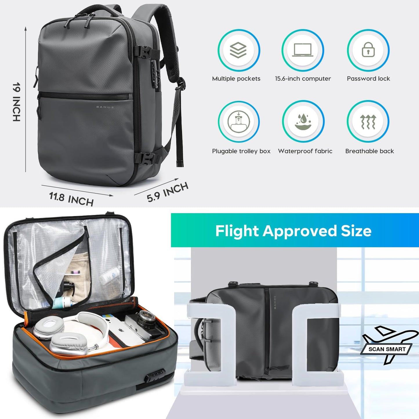 BANGE Commute Backpack with Water Bottle Holder, Anti Theft Laptop Backpack Fits for 15.6Inch Notebook, Water Resistant Office Daypack for work