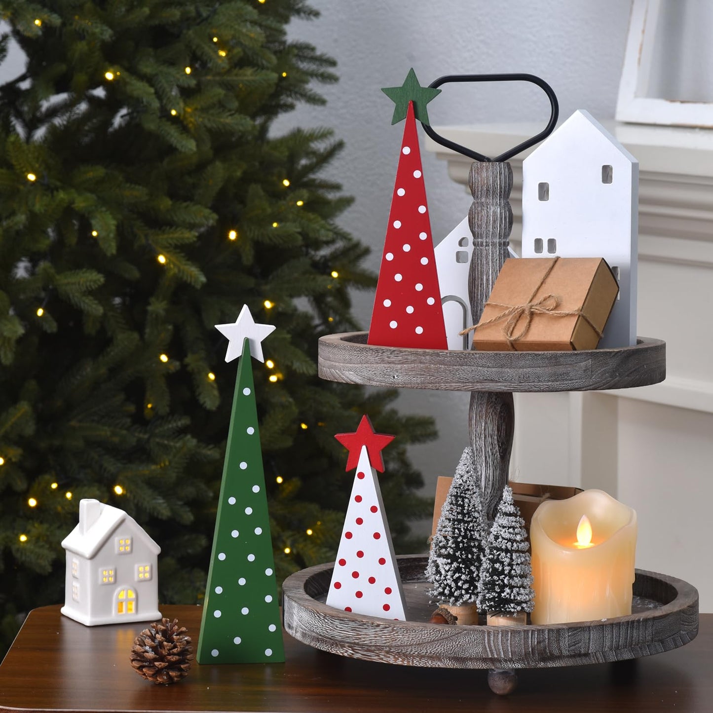 GHOSTMAGIC 3 Pcs Wooden Christmas Trees Tabletop Decorations, Rustic Xmas Tree Table Signs Double-Sided Tiered Tray Centerpieces Farmhouse Wood Sign Decor for Home Office Fireplace Farmhouse (3pcs)