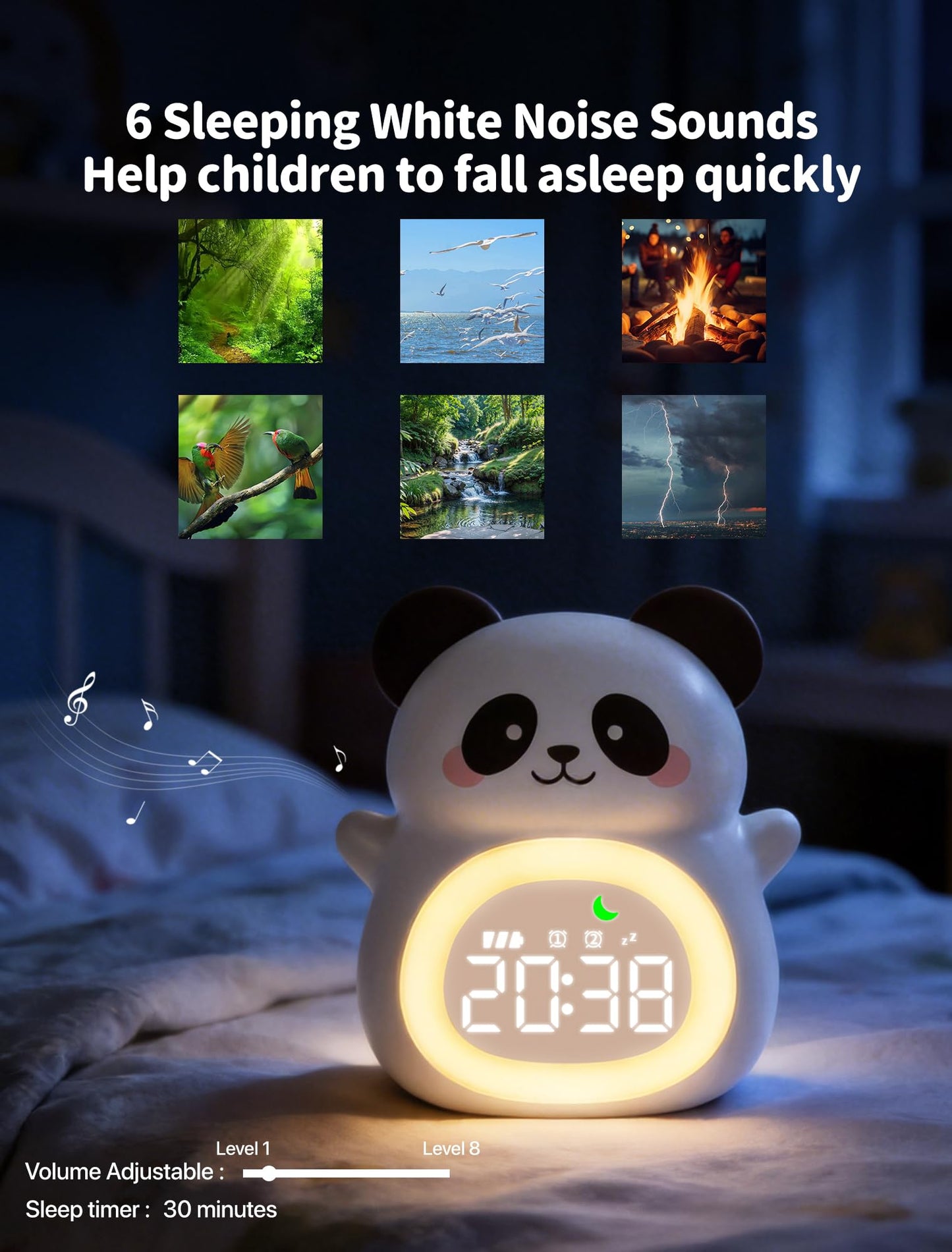 MASHI Panda Kids Alarm Clock, Sun & Moon Sleep Trainer for Toddlers, Cute Animal OK to Wake Clock with 9 Color Night Light, 6 Soothing Sounds, Dual Alarm, for Boys & Girls