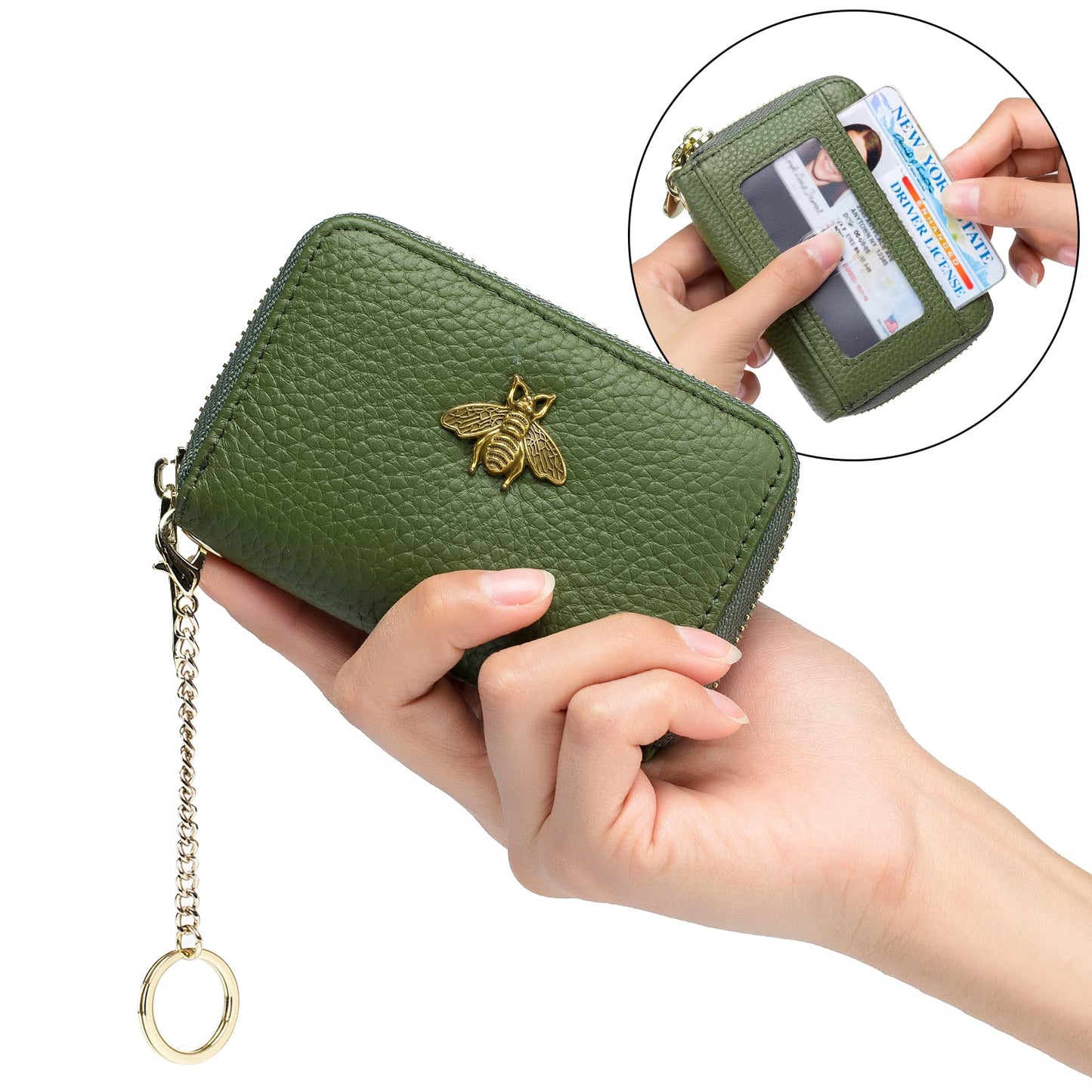 imeetu RFID Credit Card Holder, Small Leather Zipper Card Case Wallet with Keychain and ID Window for Women (Pro,Olive Green)
