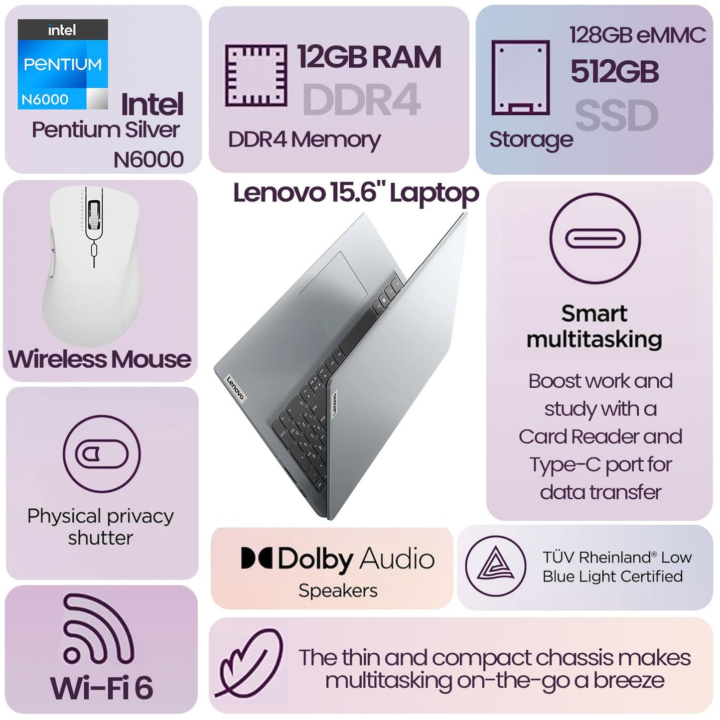 Lenovo AI Home Student Laptop, 15.6" FHD Display, Intel Quad-Cores Processor, 12GB RAM, 128GB + 256GB Storage, 1 Yr Office 365 ADP, HDMI, Wi-Fi 6, Win11 Home, Bundle with Thunderobot Wireless Mouse