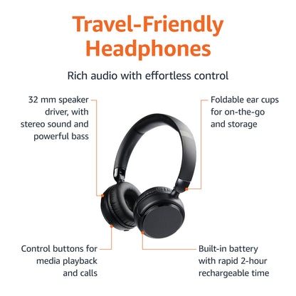 Amazon Basics Bluetooth On-Ear Headphones Wireless with Microphone, Deep Bass, 35 Hour Playtime, Foldable, Collapsible, Portable Travel Friendly, Black