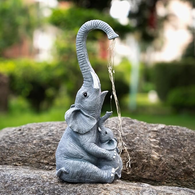 Elephant Statue with Solar Watering Lights, Outdoor Garden Decor for Patio, Yard, Lawn, Unique Gifts for Women, Mom – Resin Elephant Sculpture (Grey Two Elephants)