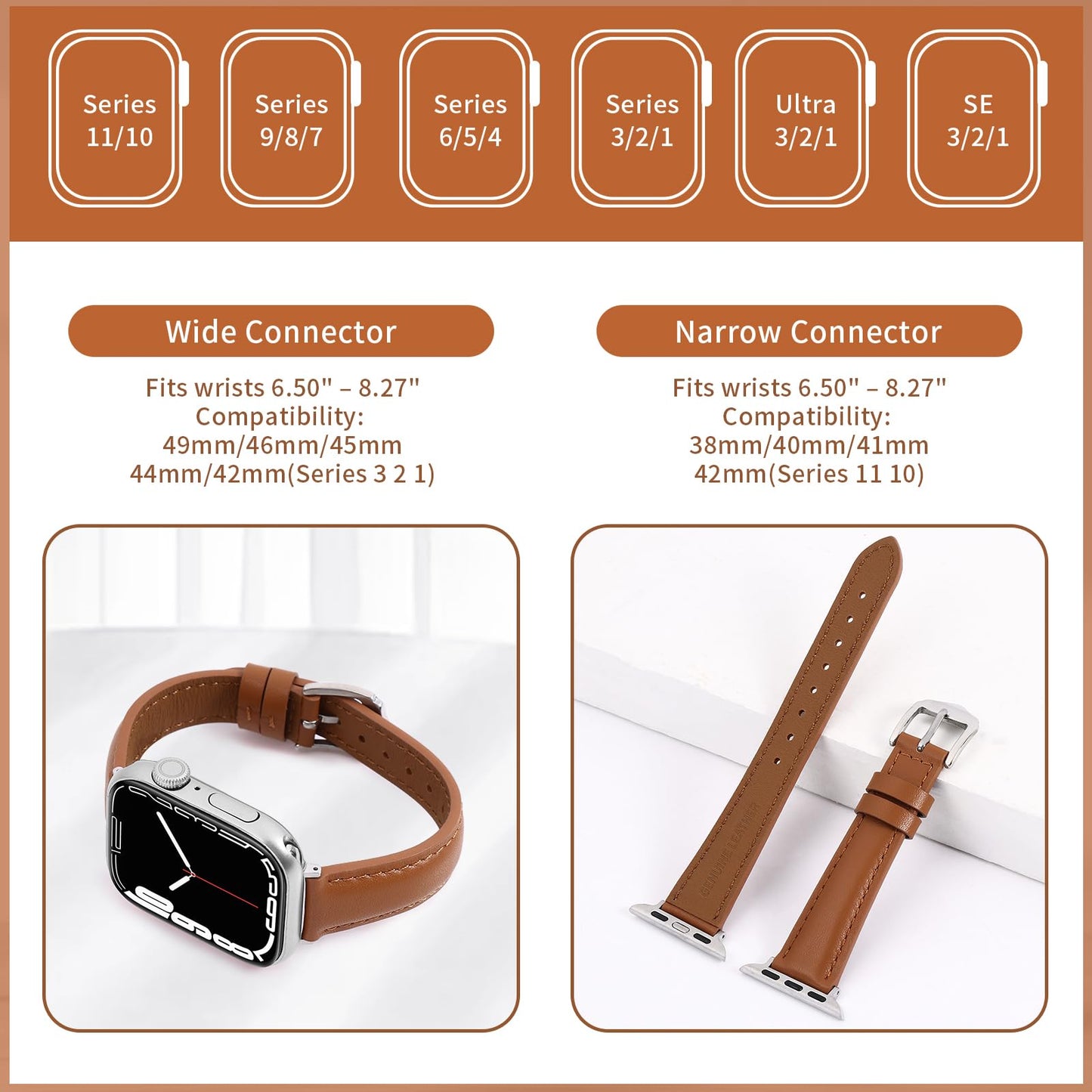 Women Slim French Full Grain Leather Band Compatible with Apple Watch 40/41/42/38mm, Lightweight Breathable iWatch Straps for Series 11 10 9 8 7 6 5 4 SE 3 2 1, Brown
