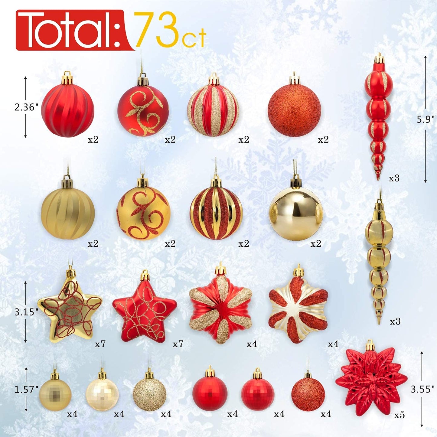 AUXO-FUN 73ct Assorted shatterproof Christmas Ornaments Luxury Collection Set in Reusable Hand-held Gift Package for Christmas Tree Decoration (red & Gold)