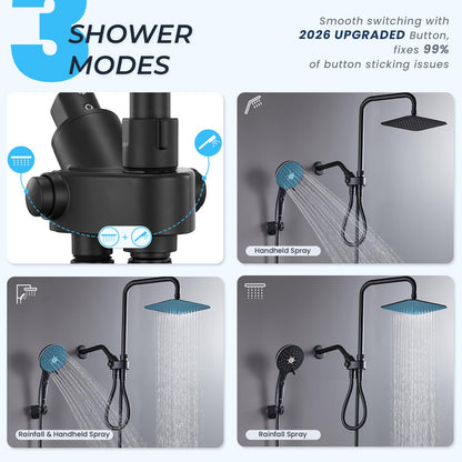 Ryamen Dual Shower Head Combo, 8'' High Pressure Rain Shower Head with Handheld Spray, 6+1 Spray Settings Handheld Showerhead, Height Adjustable, One-touch Pause Button, Matte Black