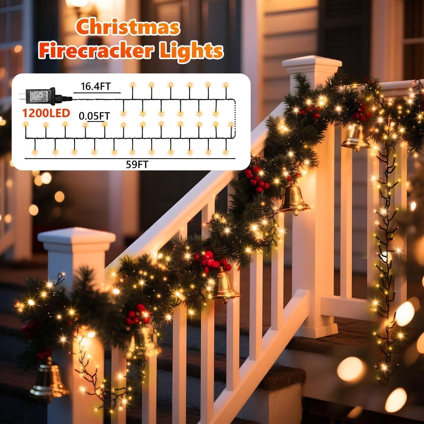 1200 LED 59FT Christmas Cluster Lights, Warm White Christmas Tree Lights Outdoor, Firecrackers String Light with 12 Modes Timer Remote, Waterproof Plug in Twinkle Fairy Light for Xmas Tree Garland