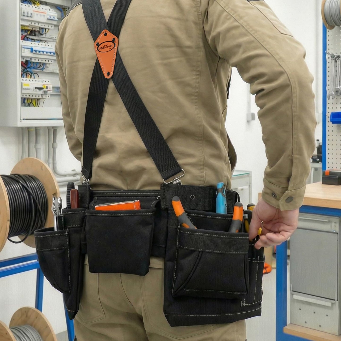 MELOTOUGH 14-Pockets Professional Tool Belt with Suspenders,Heavy Duty Tool Bag and Pouch Combo for Carpenters,Construction,Electricians(Black, 33''-49'')
