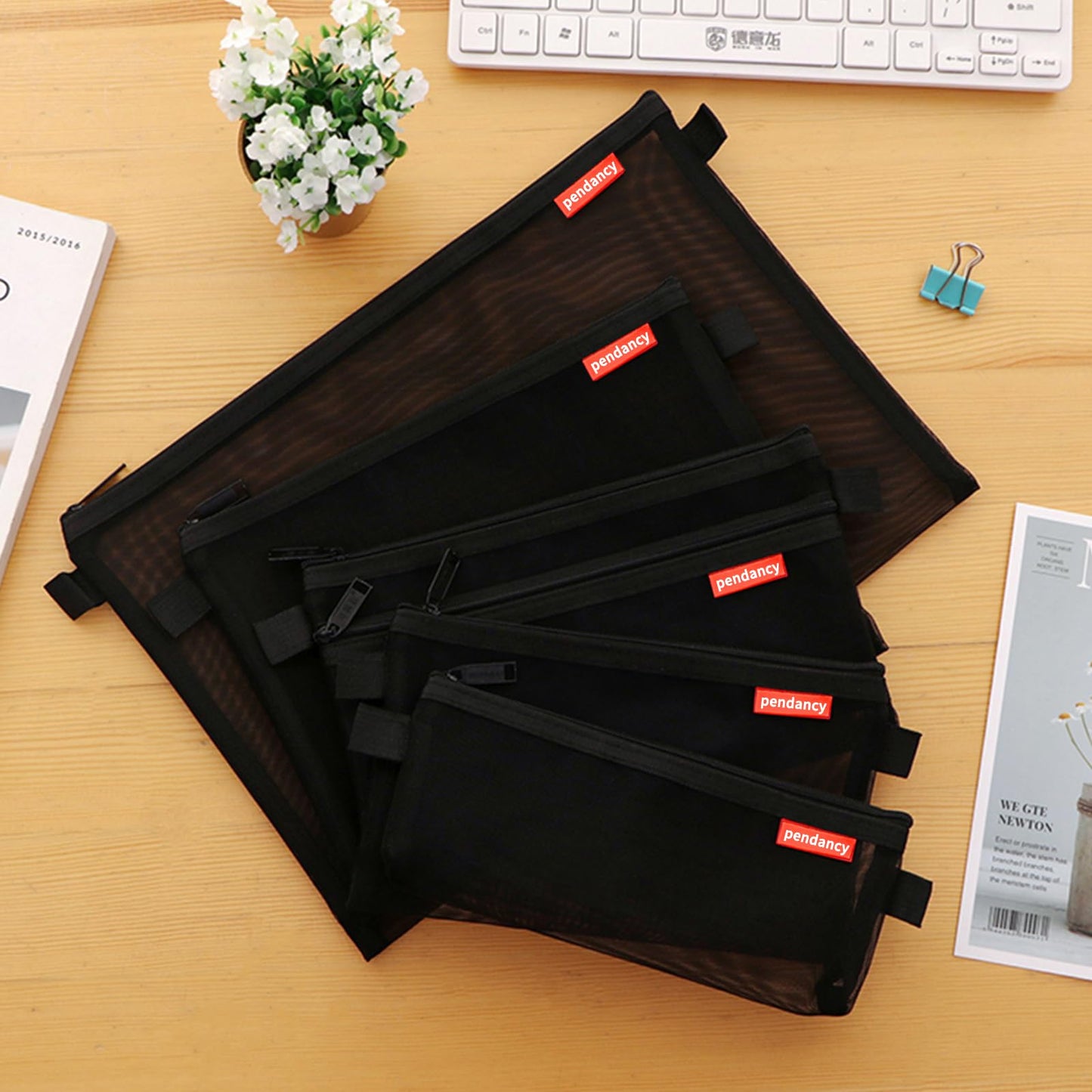 Pendancy Mesh Zipper Pouch 5pcs Lightweight Nylon File Folders Document Organizer Cosmetic Bags Accessories Storage for Travel and Office Supplies (Black, A4 A5 A6)