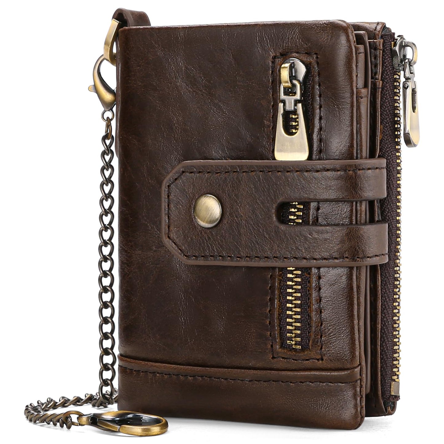 Men's RFID Blocking Bifold Chain Wallet Genuine Leather with Coin Pocket High Security Design (Coffee1)
