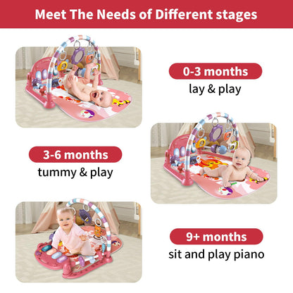 Baby Gym Play Mat, Piano Kick and Play Lights and Music Tummy Time Toys Infant Musical Activity Gym Mat for Visual, Hearing, Sensory, Gift Suitable for Newborns Aged 0 to 3 6 9 12 Months (Pink)