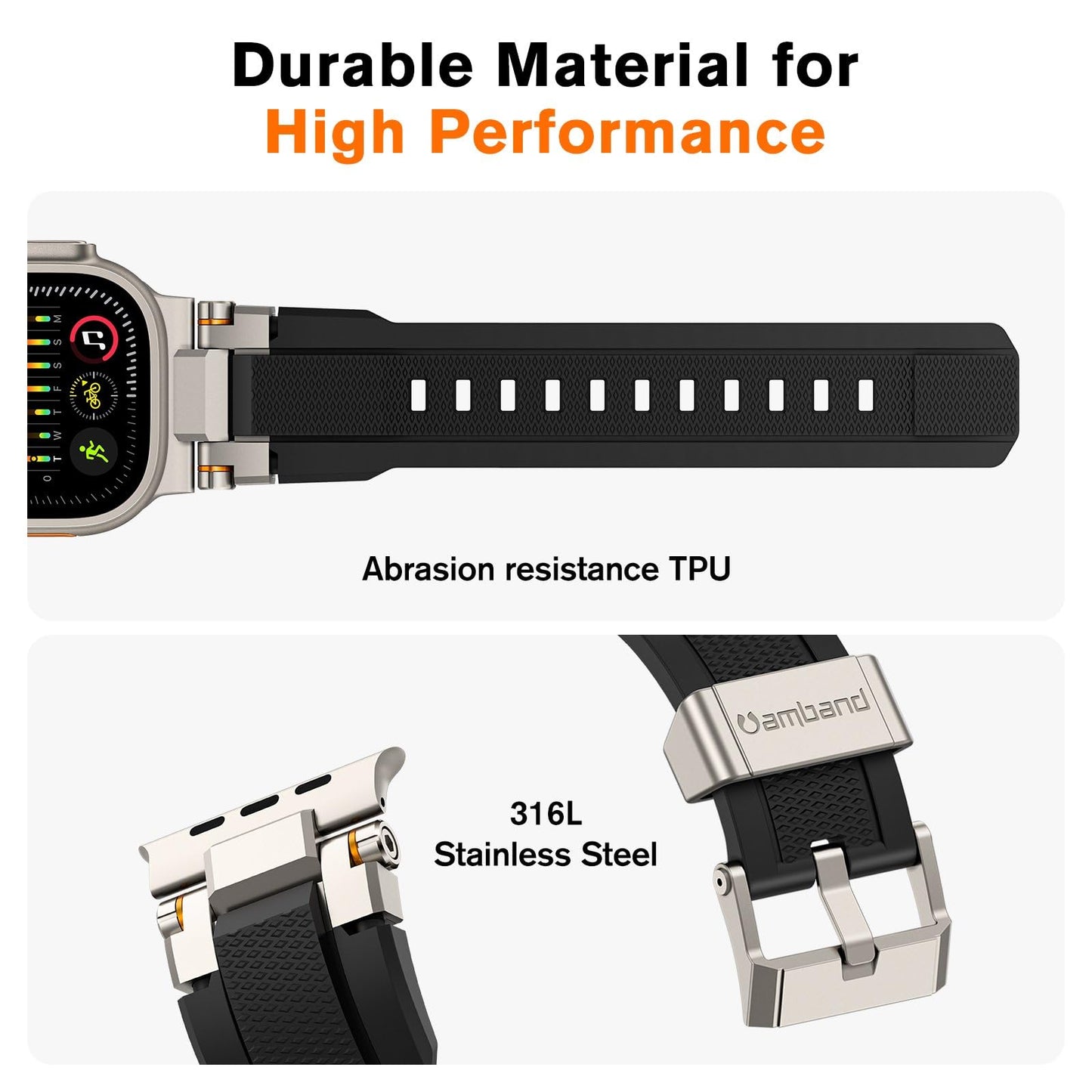amBand Bands Compatible with Apple Watch Ultra 3/2/1 49mm, M1 Sport Series Rugged Durable Strap with Metal Connector to Match Ultra's Titanium Case for iWatch 49mm Men Titanium/Black