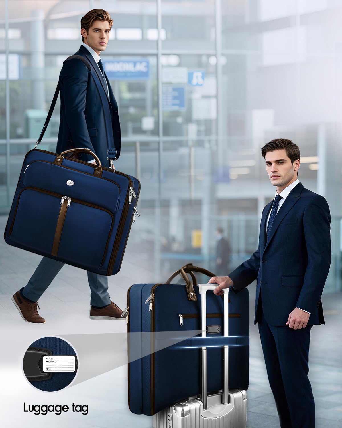 MATEIN Suit Bag Travel, Large Travel Garment Bag Up to 7 Suits with Strap, Business Foldable Garment Carrier Fit 17.3 inch laptop, 2 in 1 Carry On Hanging Luggage Suitcase with Shoe Compartment, Blue
