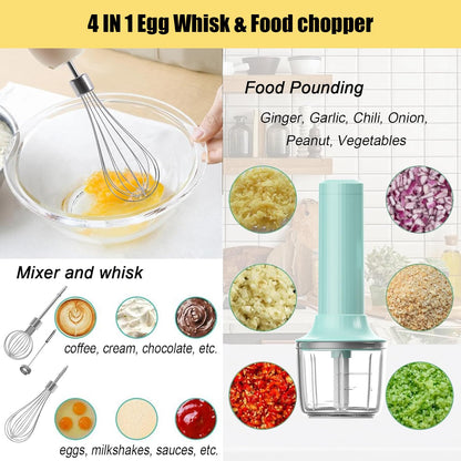 4-in-1 Electric Hand Mixer, Electric Whisk, Mini Onion Chopper 10Oz, Small Cordless Hand Blender, Milk Frother Wand for Coffee, Matcha, 4 Speed Rechargeable Food Processor for Baby Food Maker