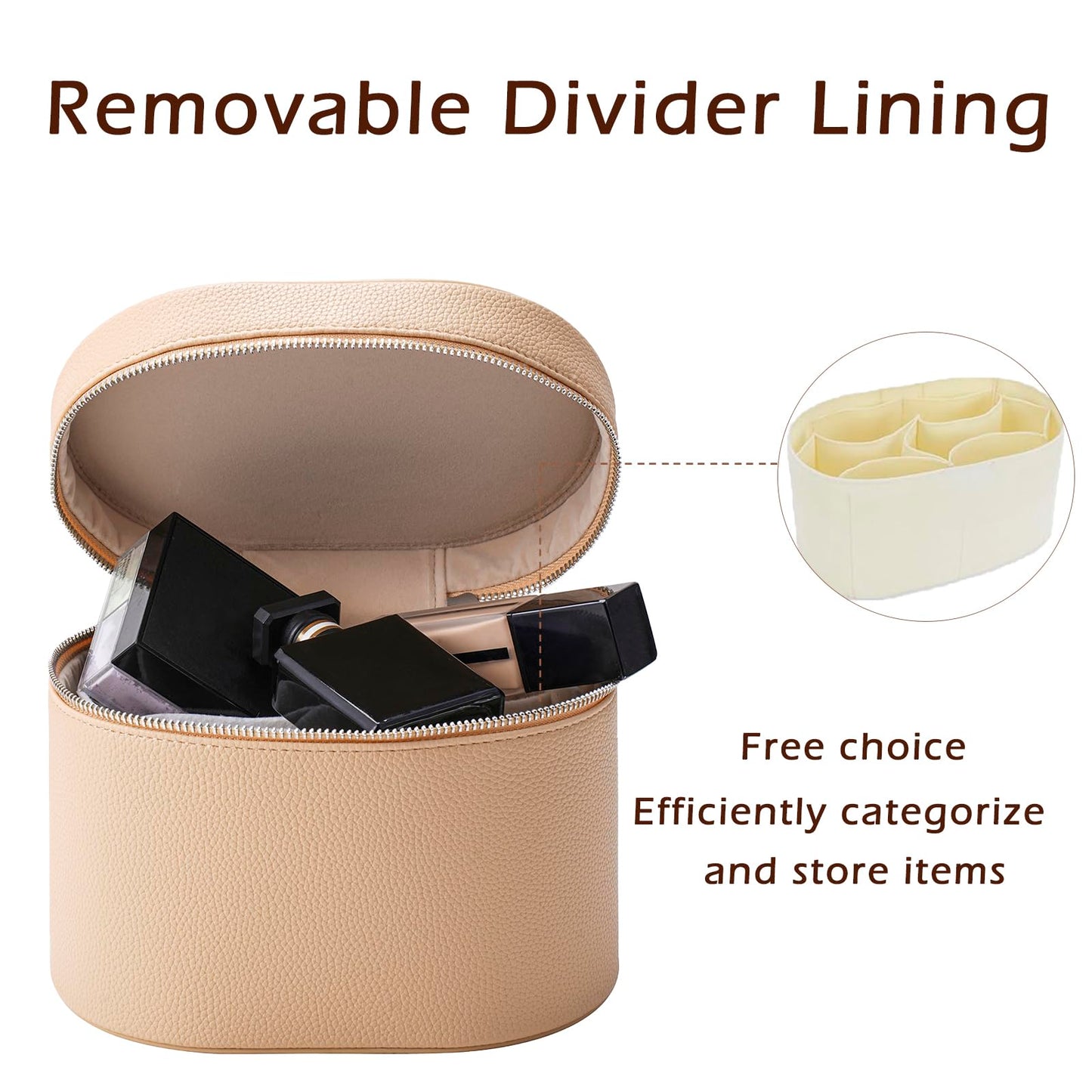 Lestikave Makeup Bag Vanity Case with Divider and Handle, Aesthetic Makeup Bags, Waterproof PU Leather Toiletry Bag for Women Girls, Portable Cosmetic Organizer Bag (04Khaki)