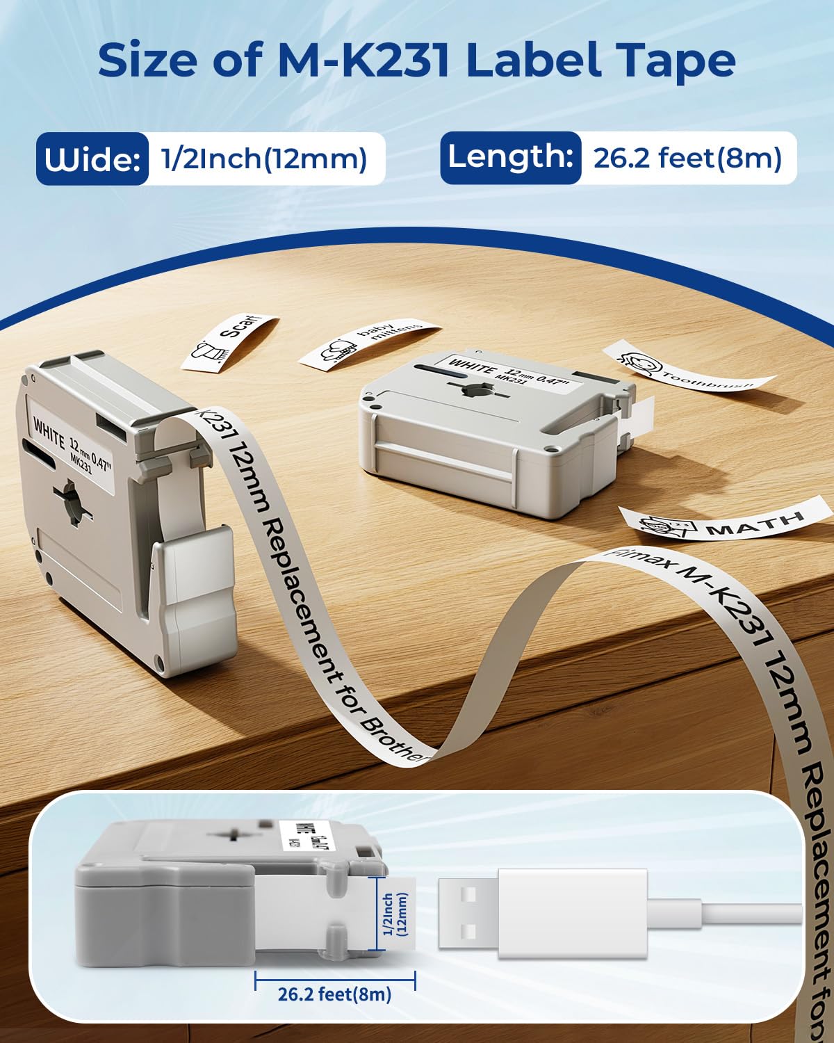 M-K231 12mm Replacement for Brother M Tape 0.47'' White M-K231s MK231 Label Tape Compatible with Brother Ptouch PTM95 PT-90 PT-70 PT-65 PT-60 PT-45 Label Maker (NOT for PTD210 PTD220, NO TZe TZ Tape)