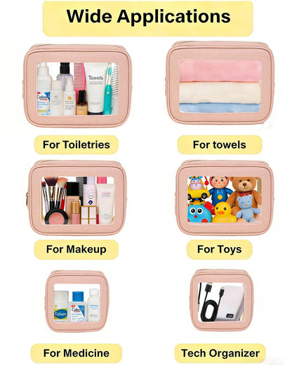 3Pcs Clear Makeup Bag Set for Women, Waterproof Travel Clear Makeup Bag Small Toiletry Bag Skincare Pouch Portable Travel Cosmetic Bag with Zipper Compact Car Organizer Bag for Essentials (Pink Set)