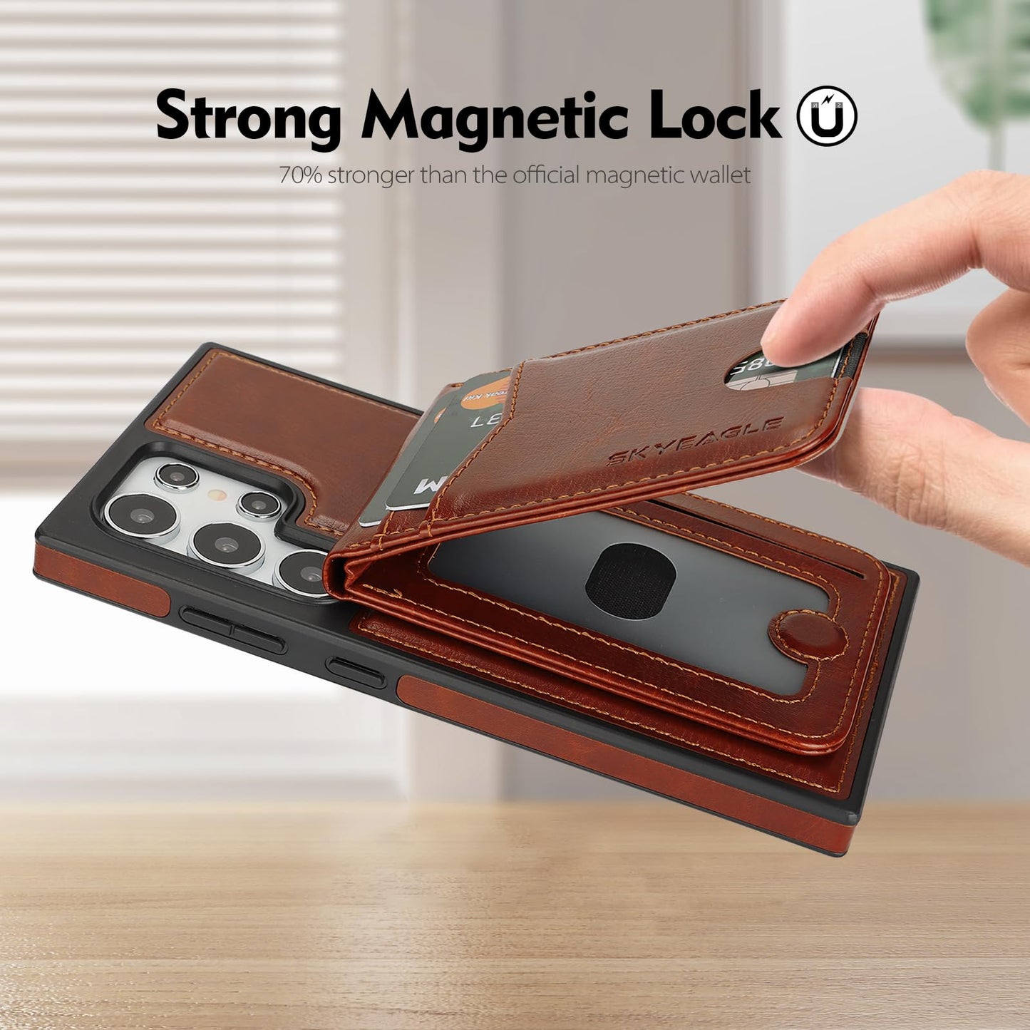 SkyEagle Compatible with Magsafe 2 in 1 Detachable Samsung Galaxy S24 Ultra Wallet Case with Card Holder Women Men Magnetic PU Leather Phone Case RFID Blocking Flip Kickstand Credit Slots,Brown