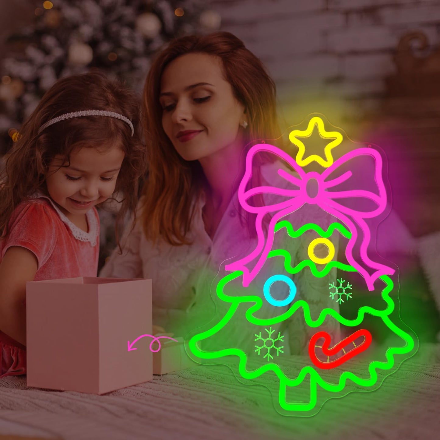 Christmas Neon Sign Pink Bow Christmas Tree Neon Sign for Wall Decor Xmas Tree Led Sign with Star Candy Neon Light Up Signs for Bedroom Window Holiday Door Xmas Party Home Decoration Winter Porch