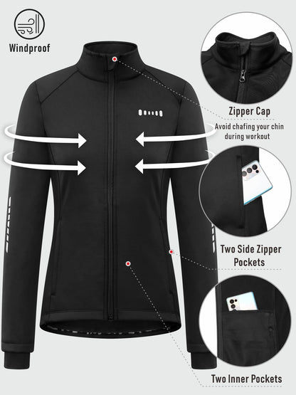 qualidyne Women's Thermal Cycling Jacket Windproof Fleece Lined Softshell Warm Winter Running & Outdoor Biking Coat