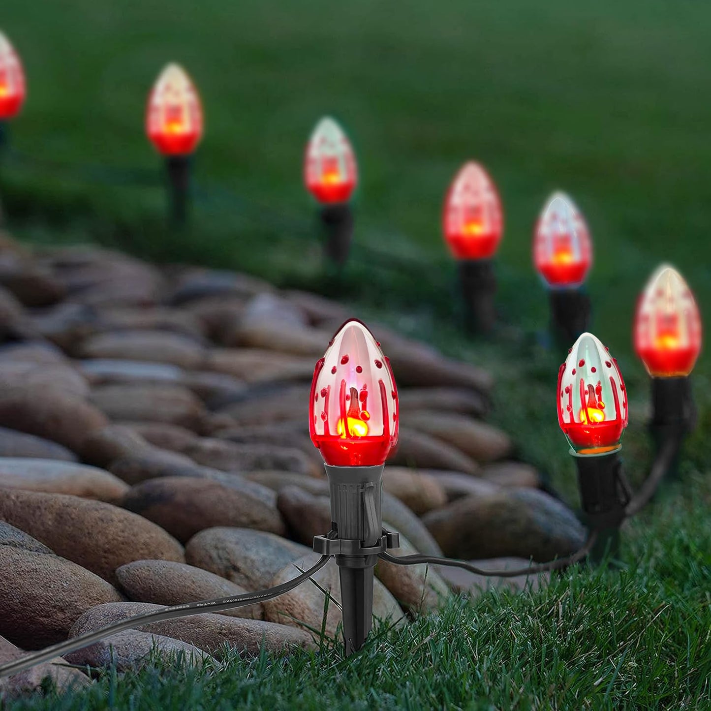 GOOTHY 38Ft Outdoor Halloween Decorations Pathway Lights, C9 Flickering Flame Pathway String Lights with 25 Stakes Lights, Plug in Halloween Walkway Light Waterproof for Lawn Yard Sidewalk Garden