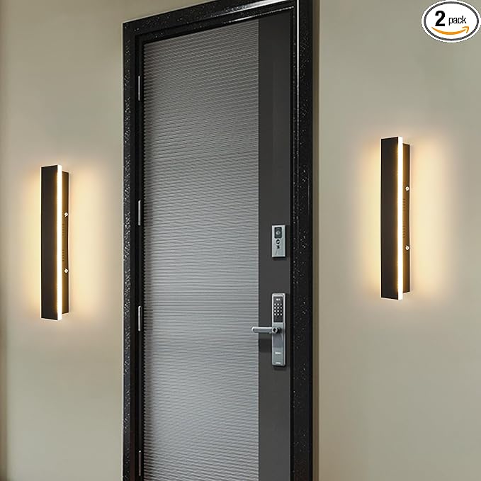 Mikeru 2 Pack Outdoor Wall Light,11.82 Inch 3 Color Wall Sconce（3000/4000/6000K） Front Porch Light, Ip65 Waterproof Black Exterior Wall Light, Exterior Wall Lights for House Courtyard Balcony Porch