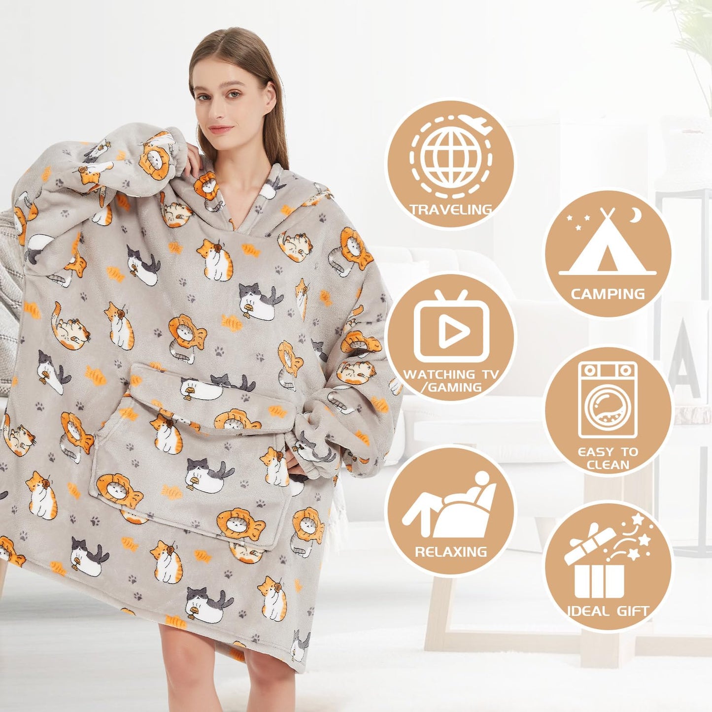 Mewkou Wearable Blanket Hoodie for Adult,Oversized Sherpa Fleece Blanket Hoodie for Women Men,Cat