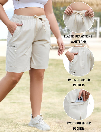 COOTRY Women's Plus Size 9'' Hiking Cargo Shorts Quick Dry Athletic Travel Golf Bermuda Shorts with Zipper Pockets Khaki 3XL