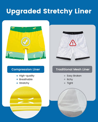 maamgic 2 in 1 Mens Swim Trunks 7 Inch Swim Shorts Swim Suits Board Shorts Falling Banana-Green Large