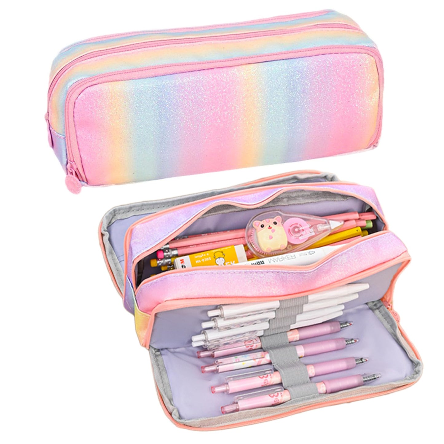 BETURETOP Glitter Rainbow Pencil Case, Large Capacity Pencil Pouch Pen Bag Organizer with 3 Compartments for Student School Office Supplies, Cute Pencil Holder Pen Box Stationary Bag