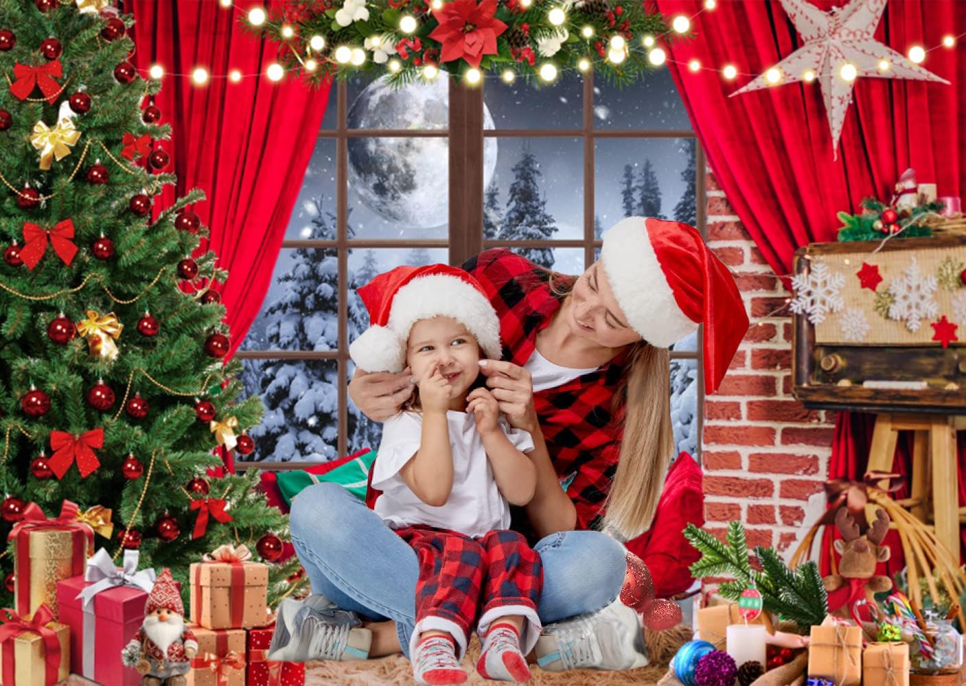 Diasynig 10x8FT Christmas Backdrop Window Red Curtain Xmas Tree Gifts Forest Snow Scene Photography Background Family Kids Winter Holiday Christmas New Year Party Decorations Banner Photo Booth Props