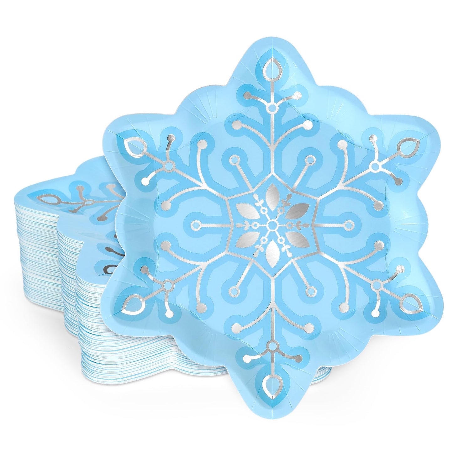 JarThenaAMCS 48Pcs Christmas Snowflake Paper Plates Silver Foil Blue Snowflake Shape Disposable Plates Winter Party Tableware for Xmas Wedding Birthday Table Decor Supplies