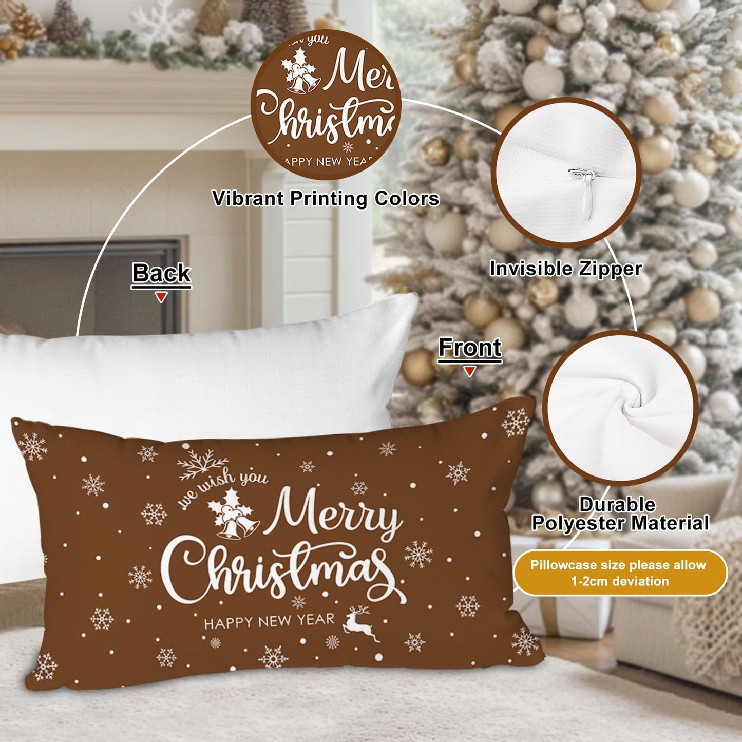 Lanpn Christmas Throw Pillow Covers 12x24 Set of 4, Merry Christmas Winter Xmas Snowflake Decorative Holiday Cushion Pillow Cases 12 x 24 for Outdoor Indoor Farmhouse Home Room Couch Decor (Brown)