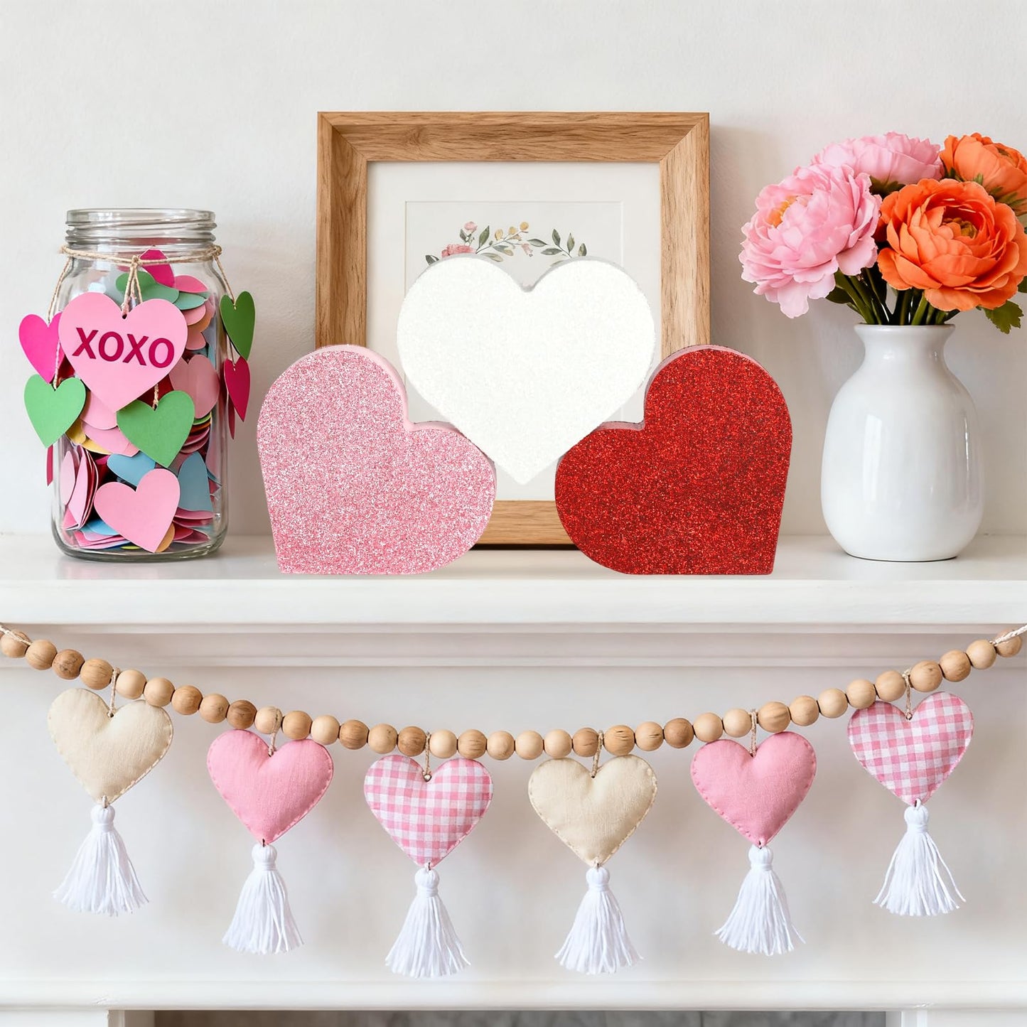 COCHIE Wooden Valentine's Day Hearts Decorations Indoor, Wood Heart Blocks Tiered Tray Decor Set of 6, Red Pink White Valentine Decoration for Home Party Office Shelf Mantle (Glitter)