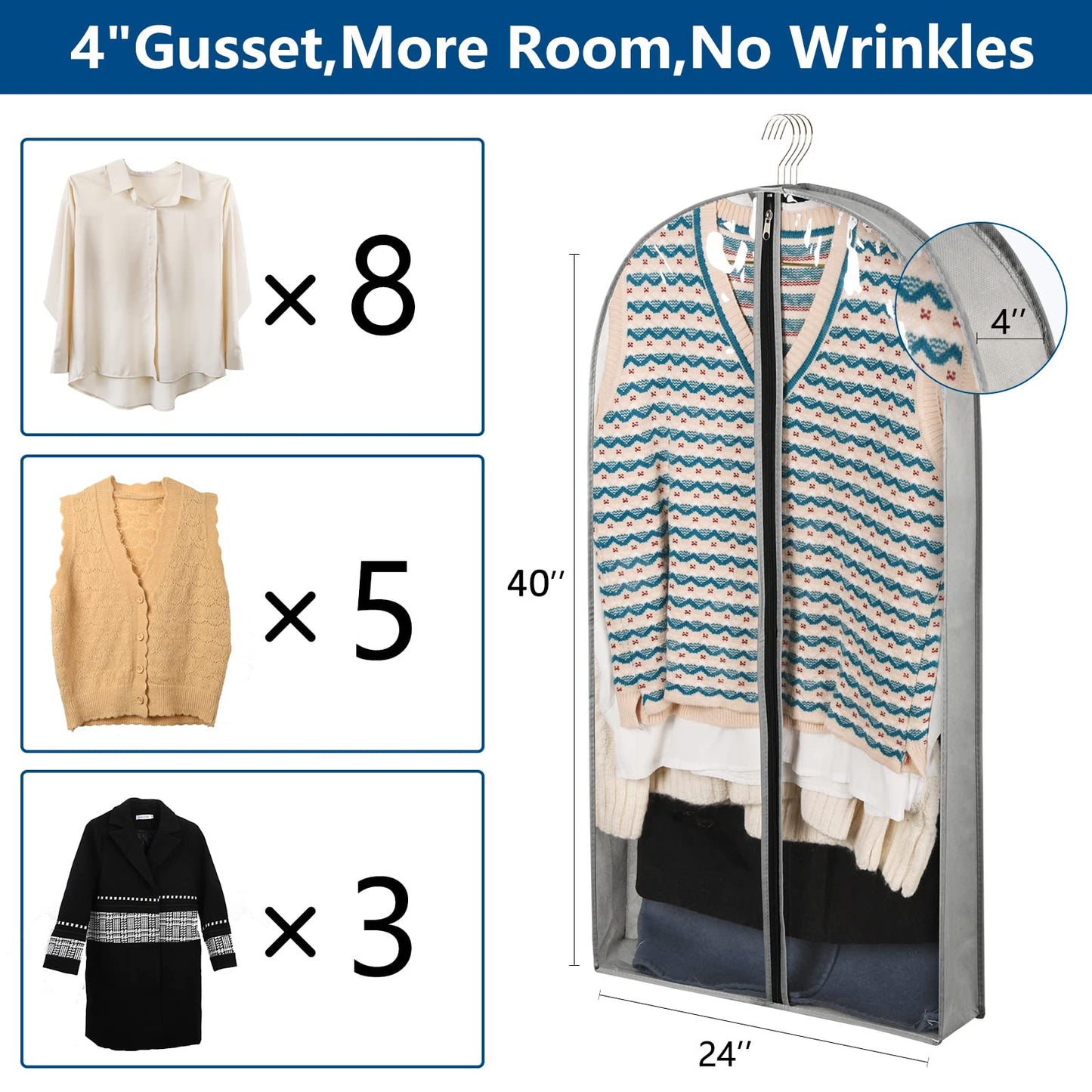 Belinlen 5 Pack 40" Garment Bags for Hanging Clothes Storage, Clear Suit Garment Bags with 4" Gussets for Closet Storage Travel, Plastic Protector for Coat, Jacket, Sweater, Shirts