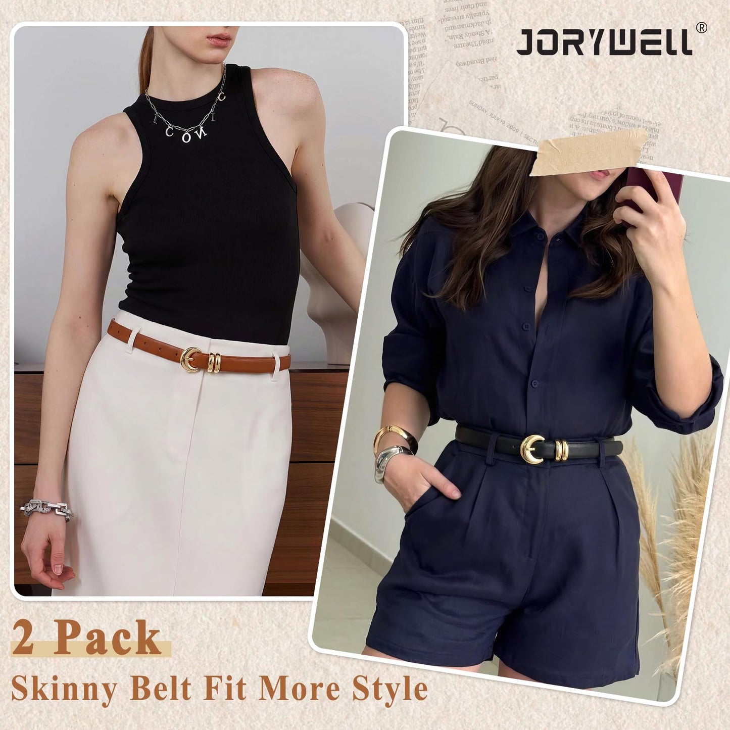 Jorywell 2 Pack Women Skinny Leather Belts for Jeans Dress Thin Waist Belt for Ladies with Gold Buckle 0.8’’ Width