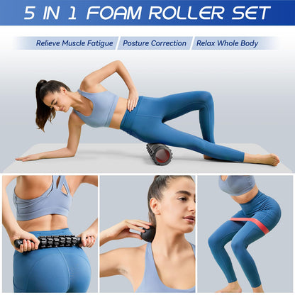 Krightlink 5-in-1 Foam Roller Set, Massage Roller Stick, Massage Ball, Resistance Band for Deep Muscle Massage, Trigger Point Release, Pilates, Yoga (Black-18(5 in 1))