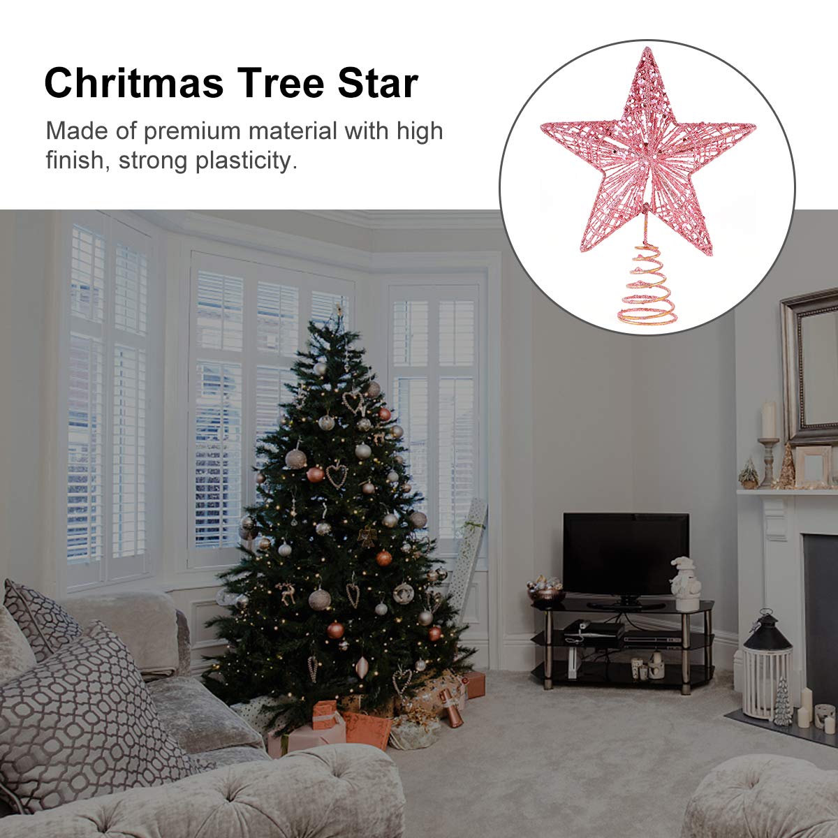 Amosfun Christmas Tree Topper 10 Inch Pink Glitter Star with Metal Hollow Design Wire Star Treetop for Holiday Christmas Home Decoration