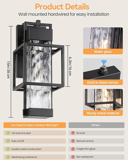 SHIMR Outdoor Wall Lights Dusk to Dawn Light Fixture with Water Glass, Modern Outdoor Sconce Lights 15" H Porch Lights with Black Finish, Waterproof Exterior Wall Light, Bulb Included